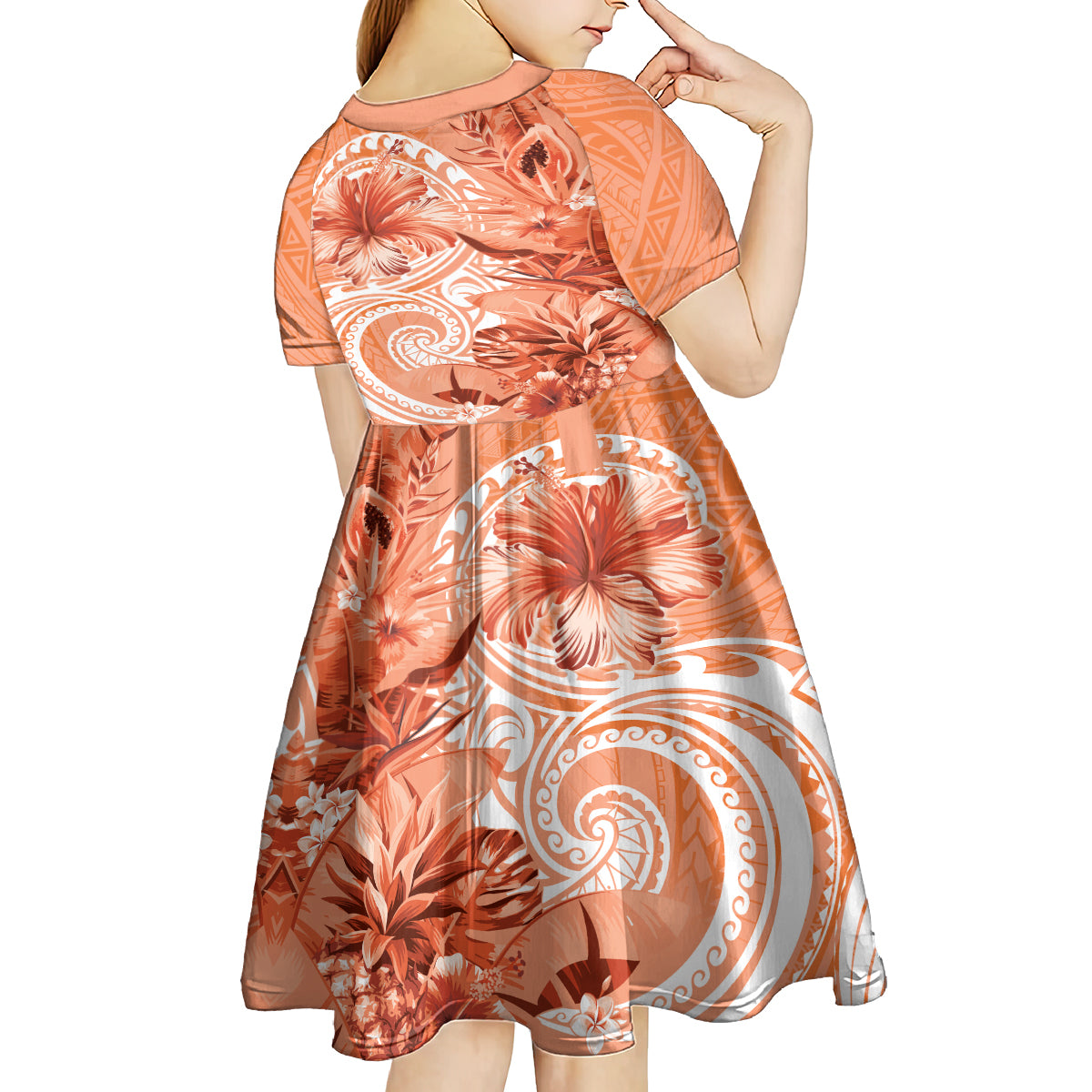 Polynesian Hibiscus Flower Tribal Kid Short Sleeve Dress Peach Color