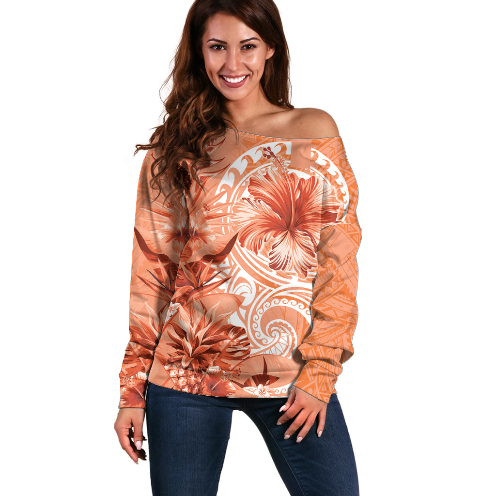 Polynesian Hibiscus Flower Tribal Off Shoulder Sweater Peach Color LT9 Women Peach - Polynesian Pride