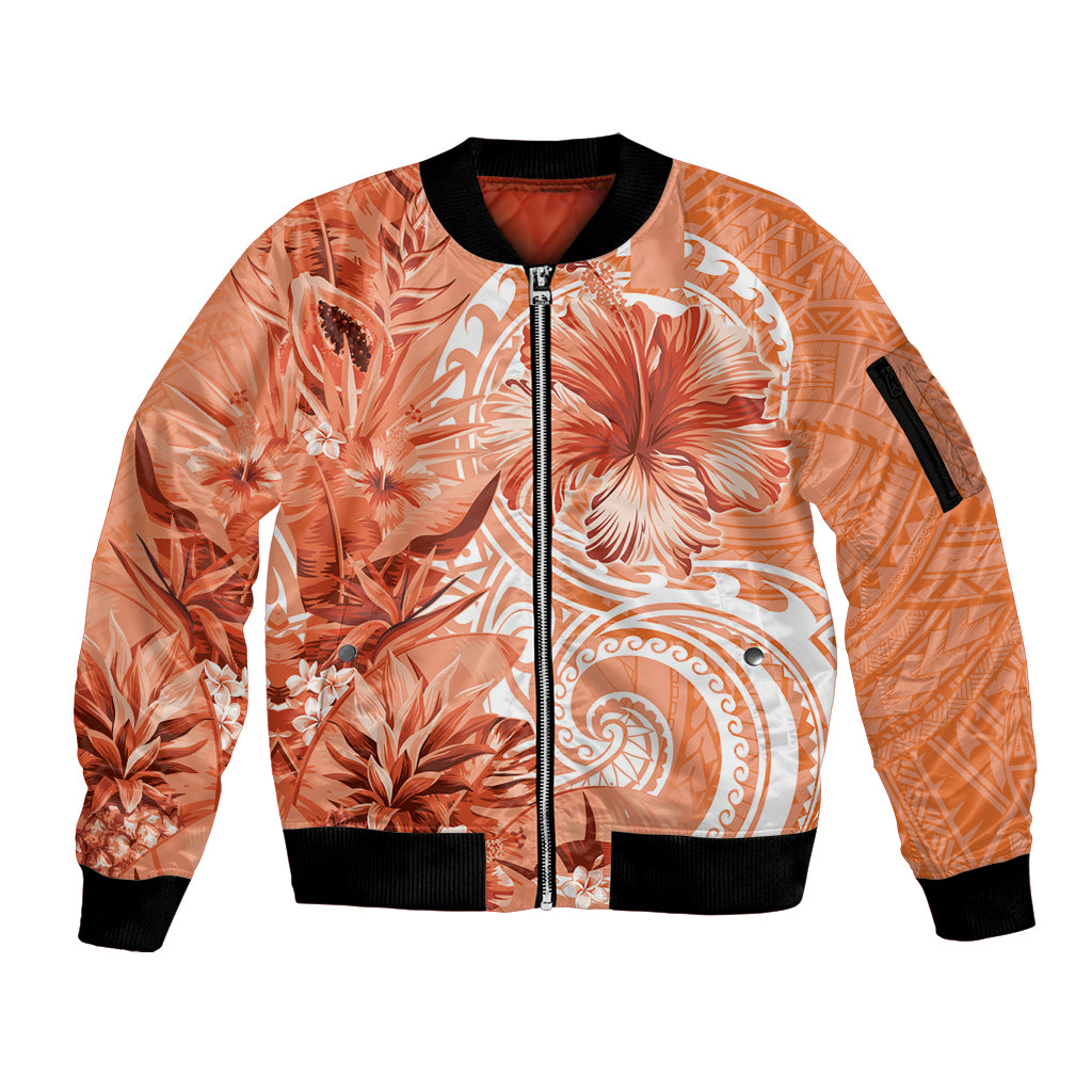 Polynesian Hibiscus Flower Tribal Sleeve Zip Bomber Jacket Peach Color LT9 Unisex Peach - Polynesian Pride