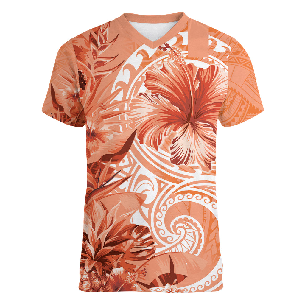 Polynesian Hibiscus Flower Tribal Women V Neck T Shirt Peach Color