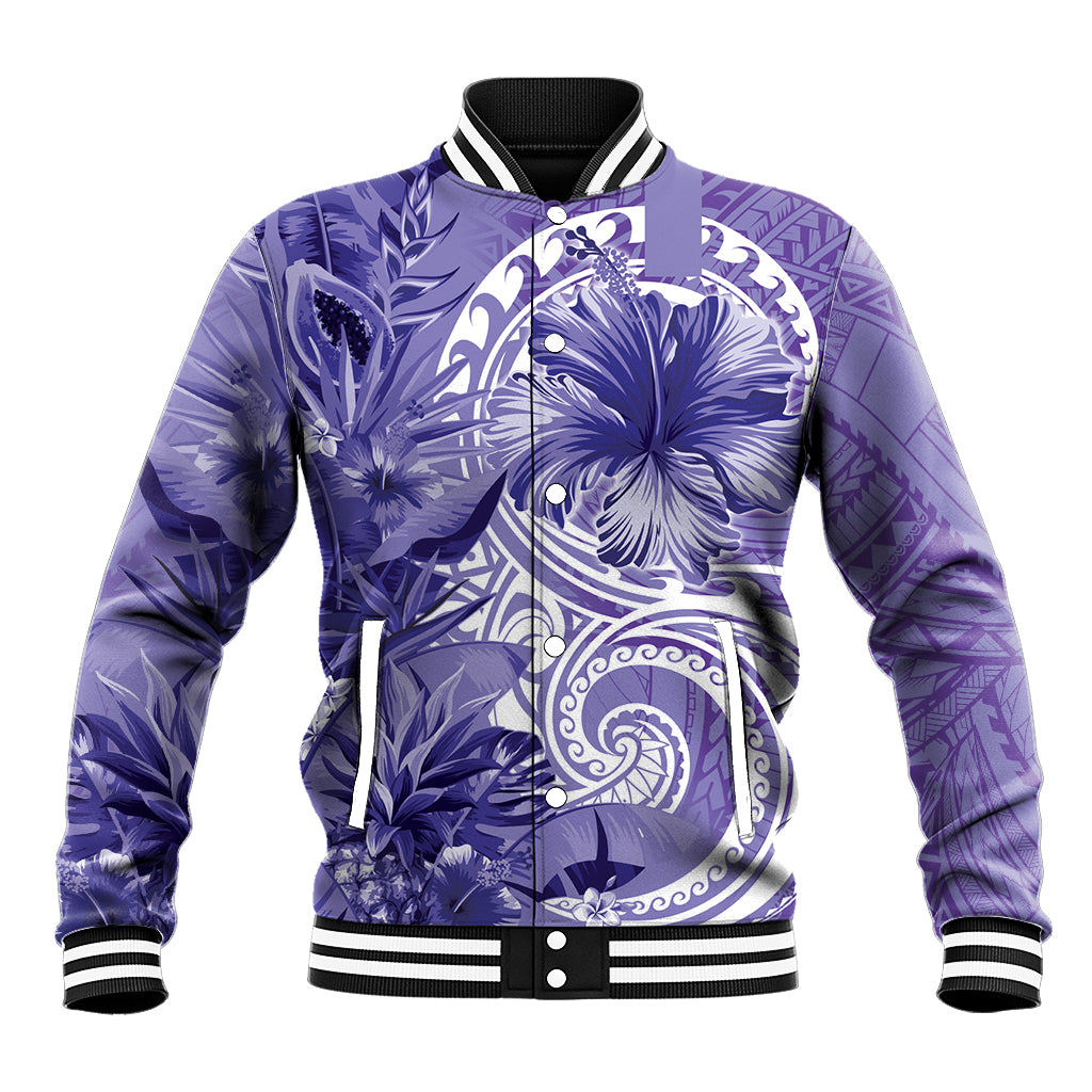 Polynesian Hibiscus Flower Tribal Baseball Jacket Violet Color