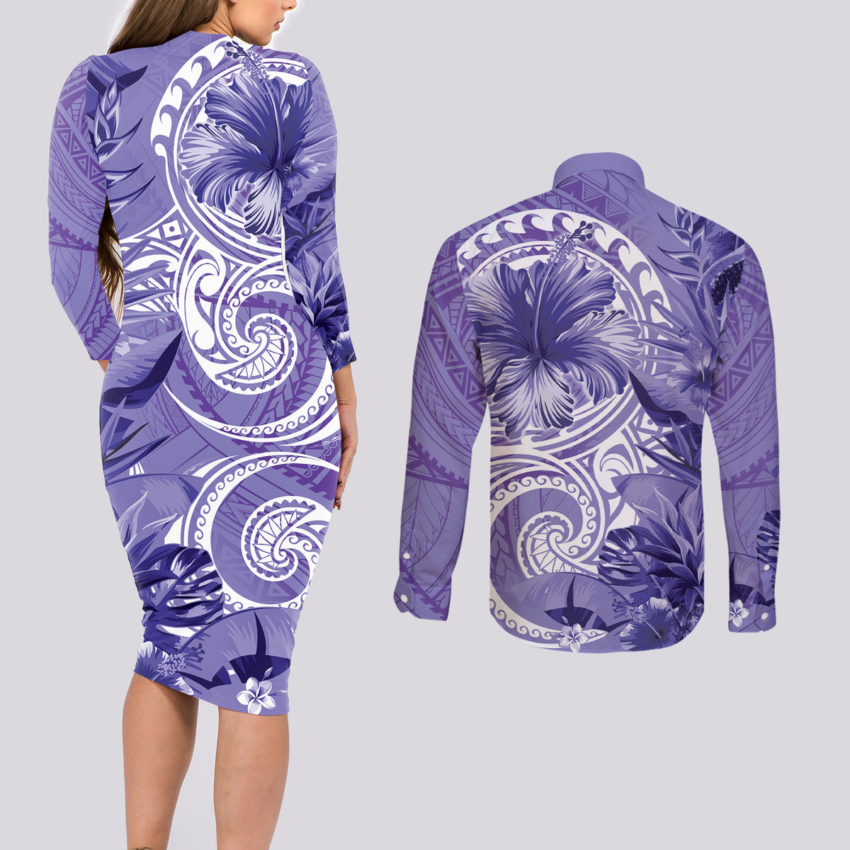 Polynesian Hibiscus Flower Tribal Couples Matching Long Sleeve Bodycon Dress and Long Sleeve Button Shirt Violet Color