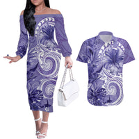Polynesian Hibiscus Flower Tribal Couples Matching Off The Shoulder Long Sleeve Dress and Hawaiian Shirt Violet Color LT9 Violet - Polynesian Pride