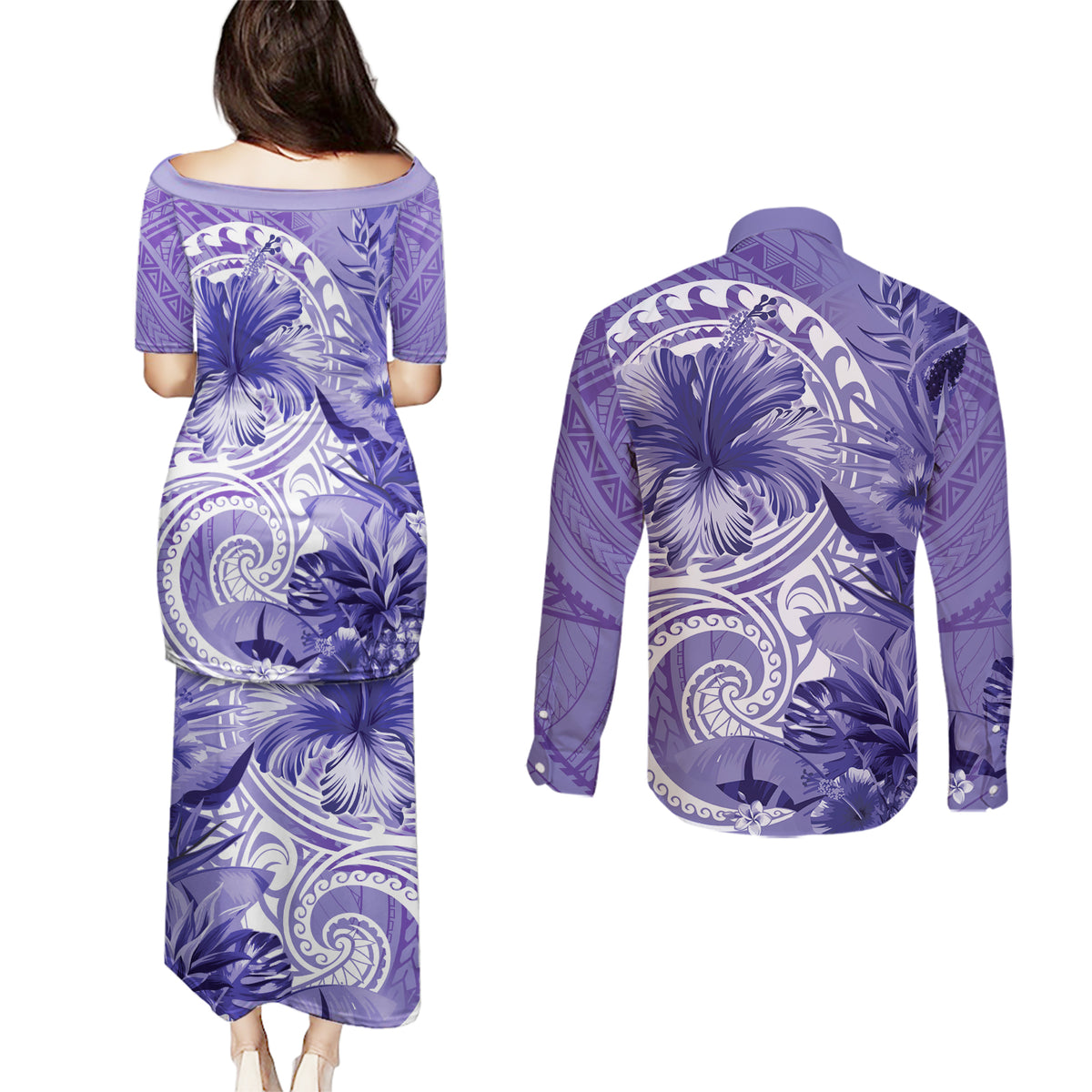 Polynesian Hibiscus Flower Tribal Couples Matching Puletasi and Long Sleeve Button Shirt Violet Color