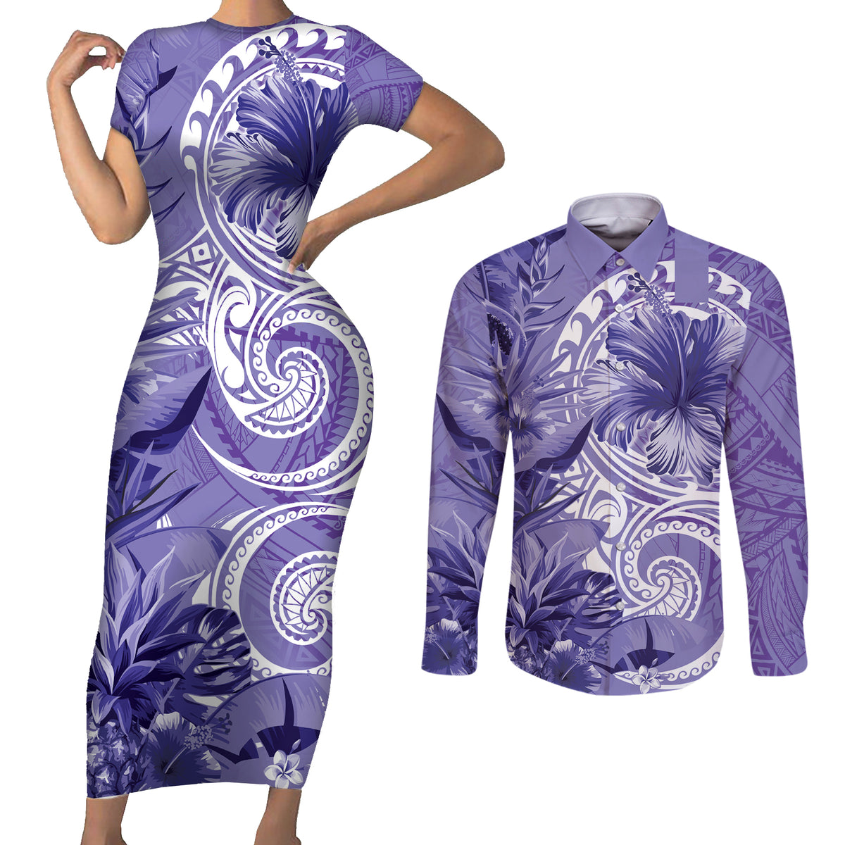 Polynesian Hibiscus Flower Tribal Couples Matching Short Sleeve Bodycon Dress and Long Sleeve Button Shirt Violet Color