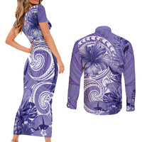 Polynesian Hibiscus Flower Tribal Couples Matching Short Sleeve Bodycon Dress and Long Sleeve Button Shirt Violet Color