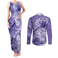 Polynesian Hibiscus Flower Tribal Couples Matching Tank Maxi Dress and Long Sleeve Button Shirt Violet Color