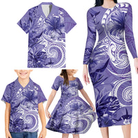 Polynesian Hibiscus Flower Tribal Family Matching Long Sleeve Bodycon Dress and Hawaiian Shirt Violet Color LT9 - Polynesian Pride