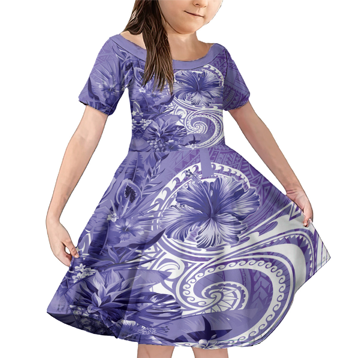 Polynesian Hibiscus Flower Tribal Family Matching Mermaid Dress and Hawaiian Shirt Violet Color LT9 Daughter's Dress Violet - Polynesian Pride