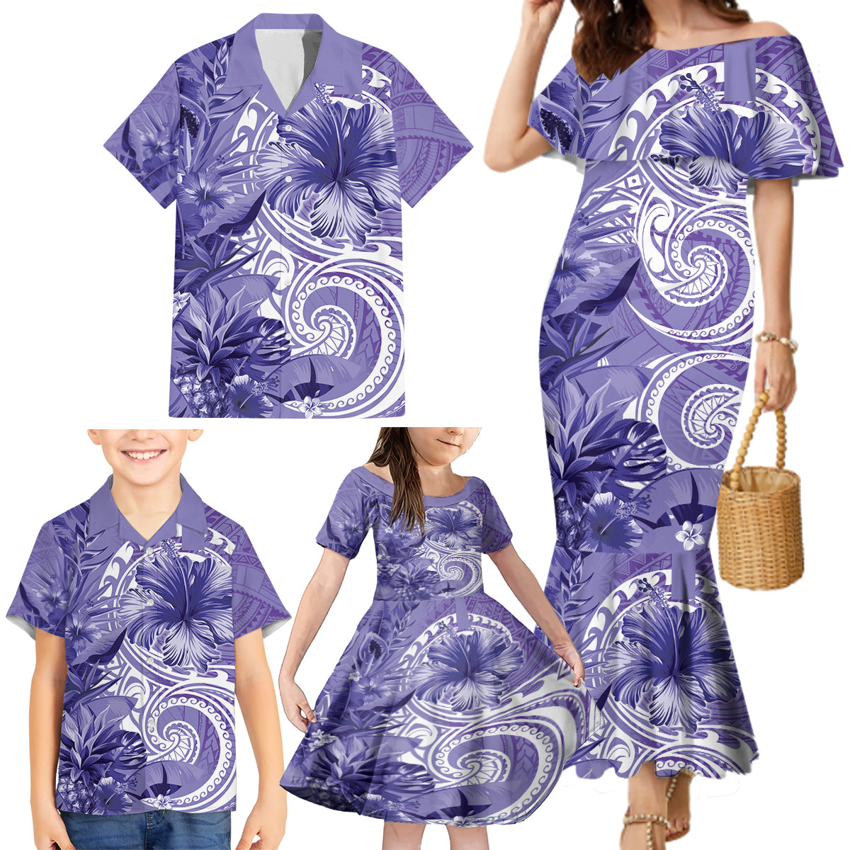 Polynesian Hibiscus Flower Tribal Family Matching Mermaid Dress and Hawaiian Shirt Violet Color LT9 - Polynesian Pride