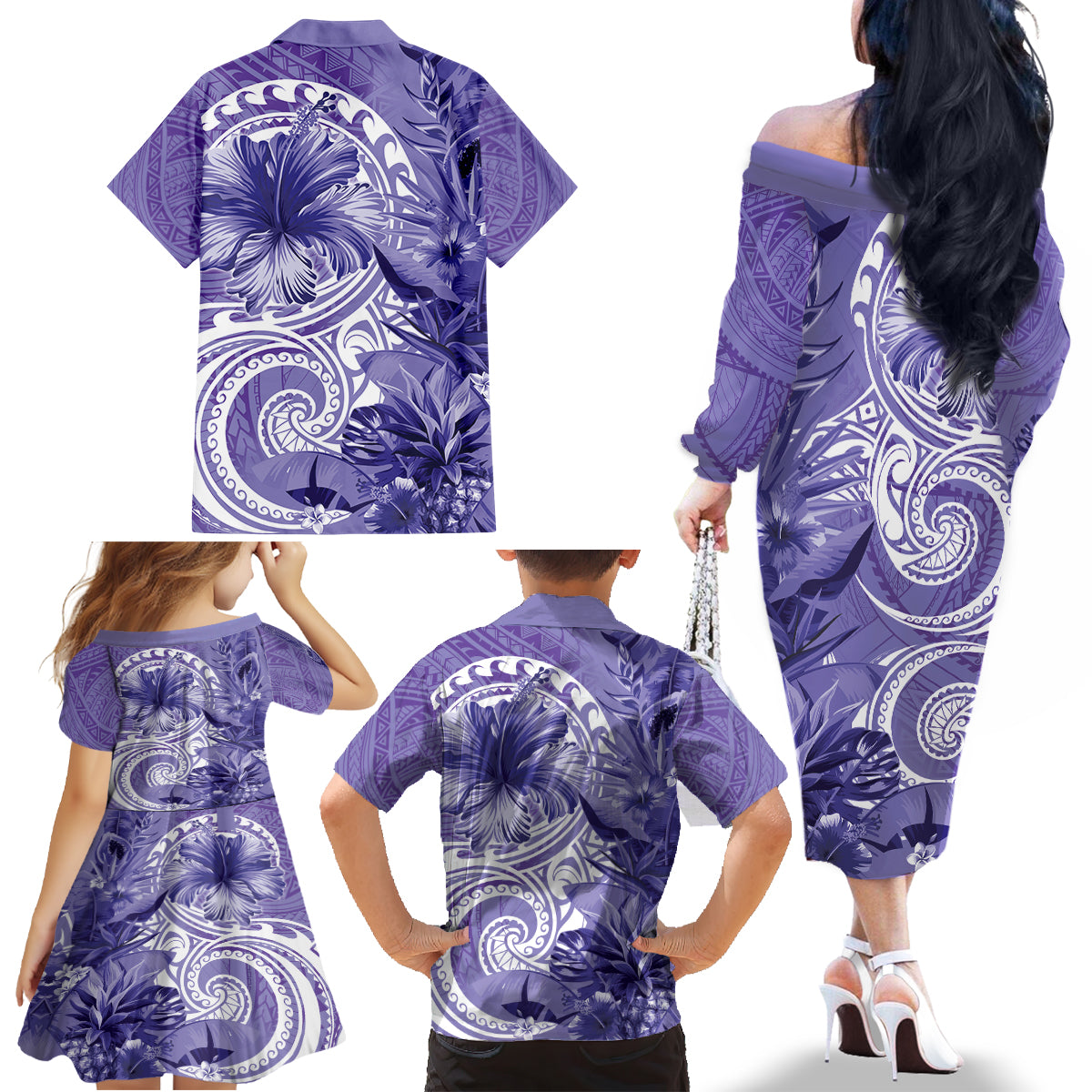 Polynesian Hibiscus Flower Tribal Family Matching Off The Shoulder Long Sleeve Dress and Hawaiian Shirt Violet Color LT9 - Polynesian Pride
