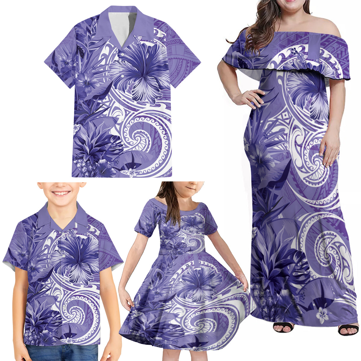 Polynesian Hibiscus Flower Tribal Family Matching Off Shoulder Maxi Dress and Hawaiian Shirt Violet Color LT9 - Polynesian Pride
