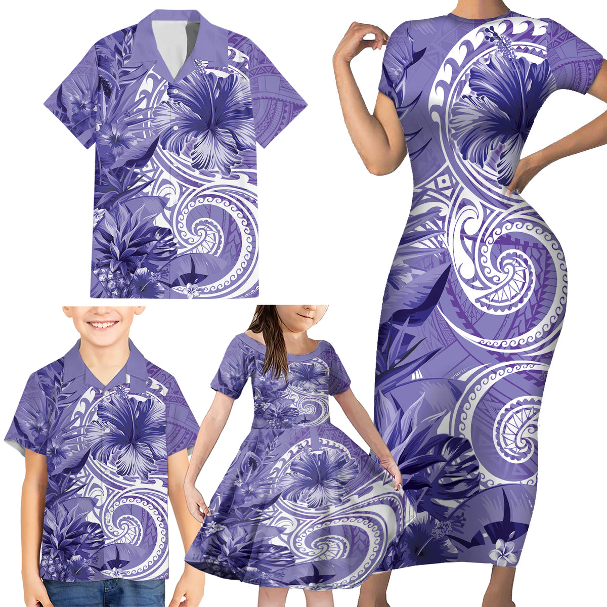 Polynesian Hibiscus Flower Tribal Family Matching Short Sleeve Bodycon Dress and Hawaiian Shirt Violet Color LT9 - Polynesian Pride