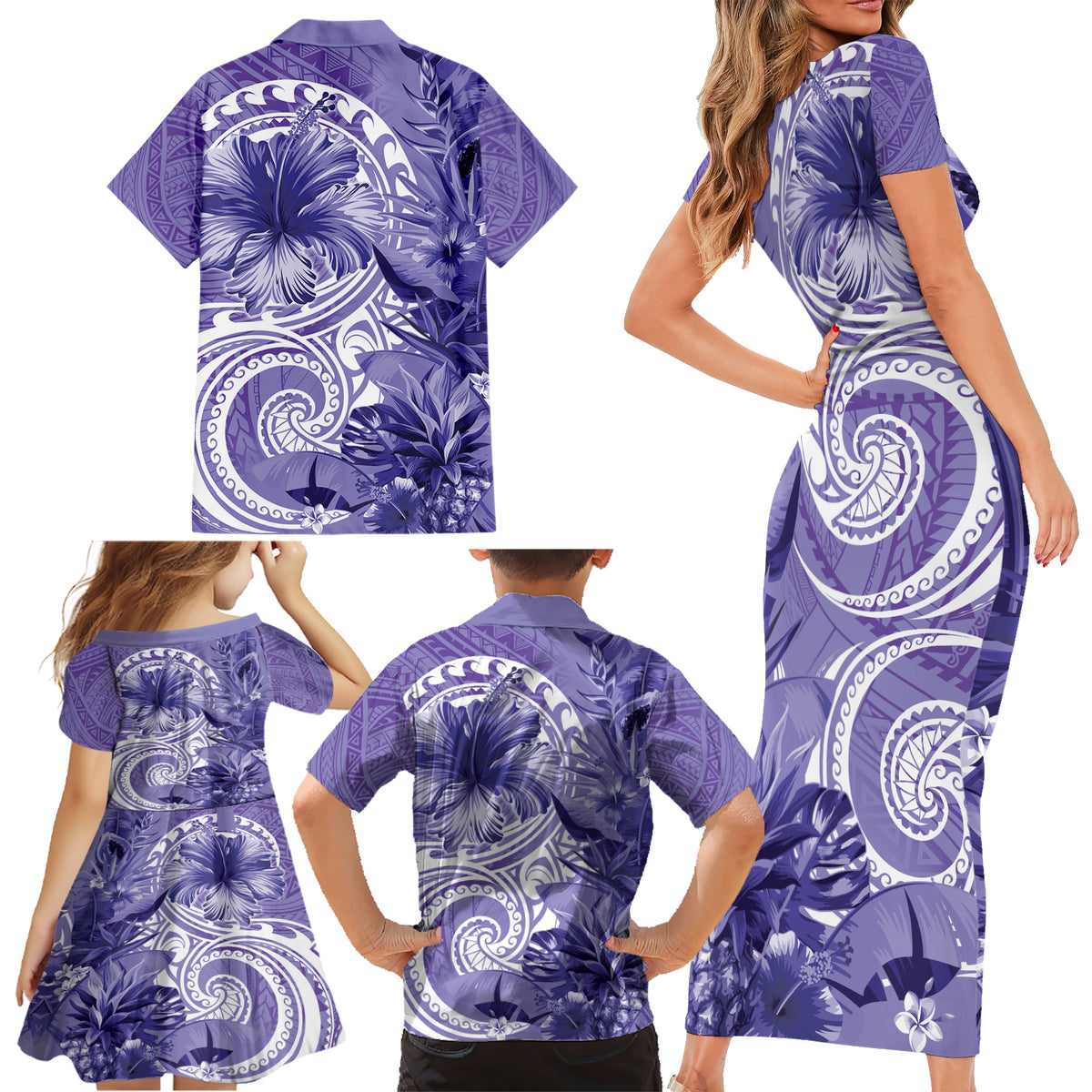 Polynesian Hibiscus Flower Tribal Family Matching Short Sleeve Bodycon Dress and Hawaiian Shirt Violet Color LT9 - Polynesian Pride