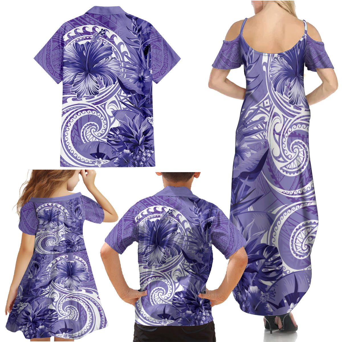 Polynesian Hibiscus Flower Tribal Family Matching Summer Maxi Dress and Hawaiian Shirt Violet Color LT9 - Polynesian Pride