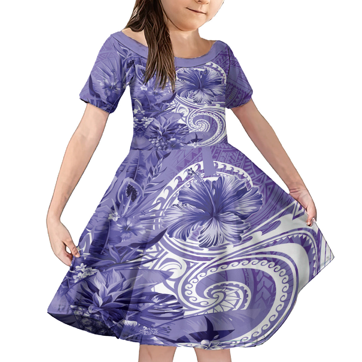 Polynesian Hibiscus Flower Tribal Family Matching Tank Maxi Dress and Hawaiian Shirt Violet Color LT9 Daughter's Dress Violet - Polynesian Pride