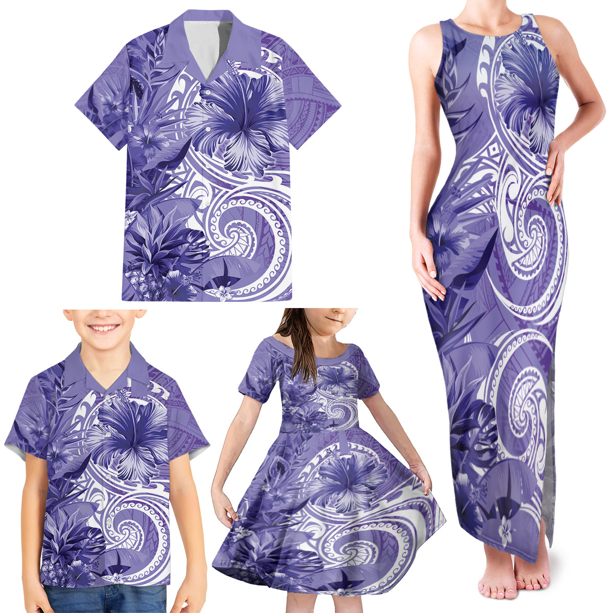 Polynesian Hibiscus Flower Tribal Family Matching Tank Maxi Dress and Hawaiian Shirt Violet Color LT9 - Polynesian Pride
