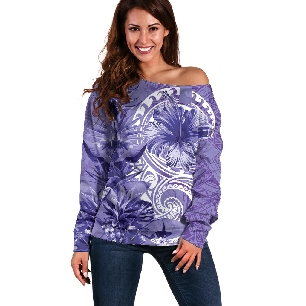 Polynesian Hibiscus Flower Tribal Off Shoulder Sweater Violet Color LT9 Women Violet - Polynesian Pride