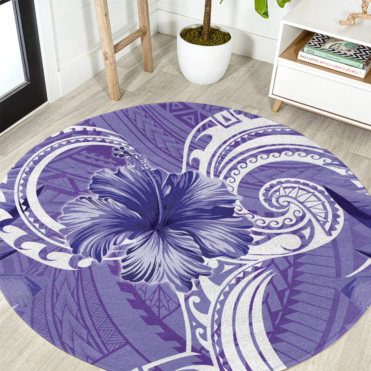 Polynesian Hibiscus Flower Tribal Round Carpet Violet Color LT9 Violet - Polynesian Pride