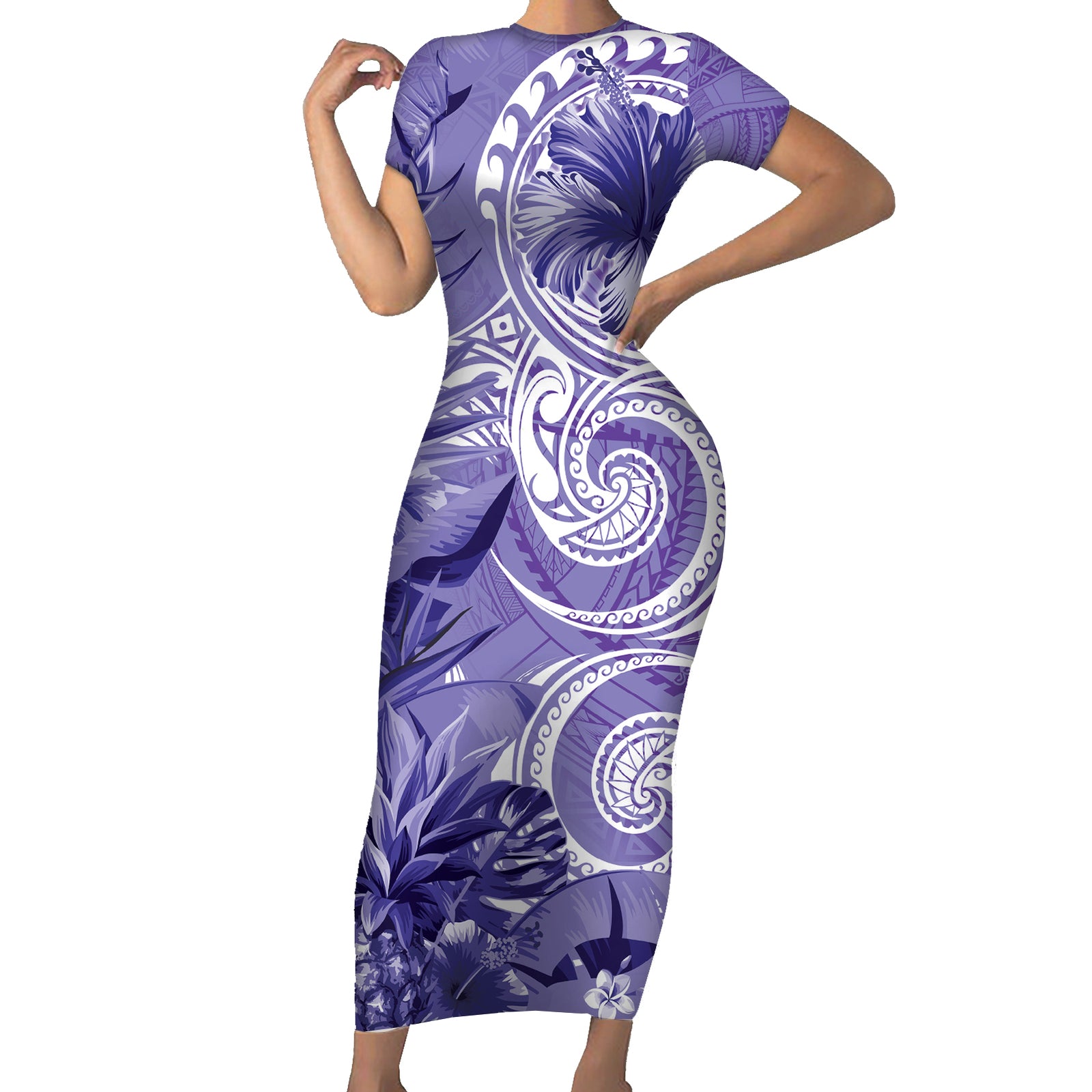 Polynesian Hibiscus Flower Tribal Short Sleeve Bodycon Dress Violet Color LT9 Long Dress Violet - Polynesian Pride