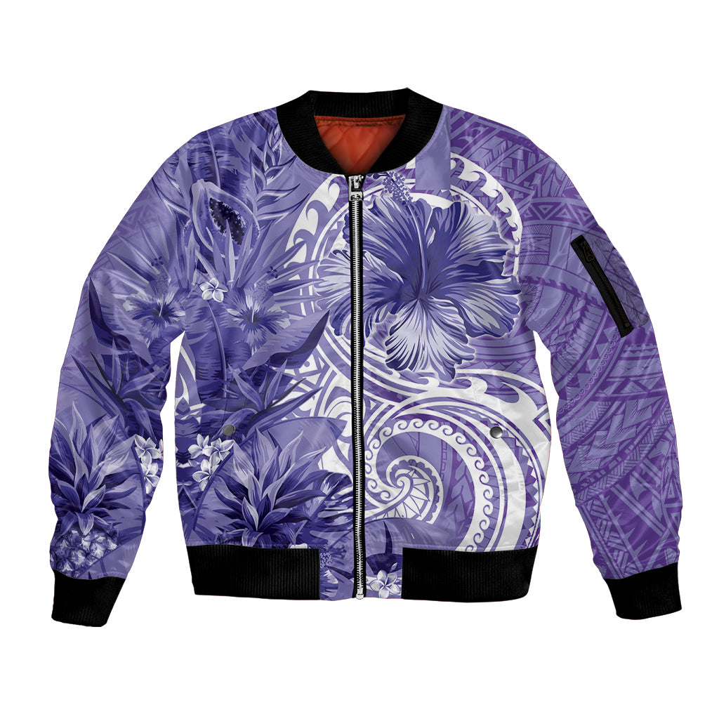 Polynesian Hibiscus Flower Tribal Sleeve Zip Bomber Jacket Violet Color LT9 Unisex Violet - Polynesian Pride