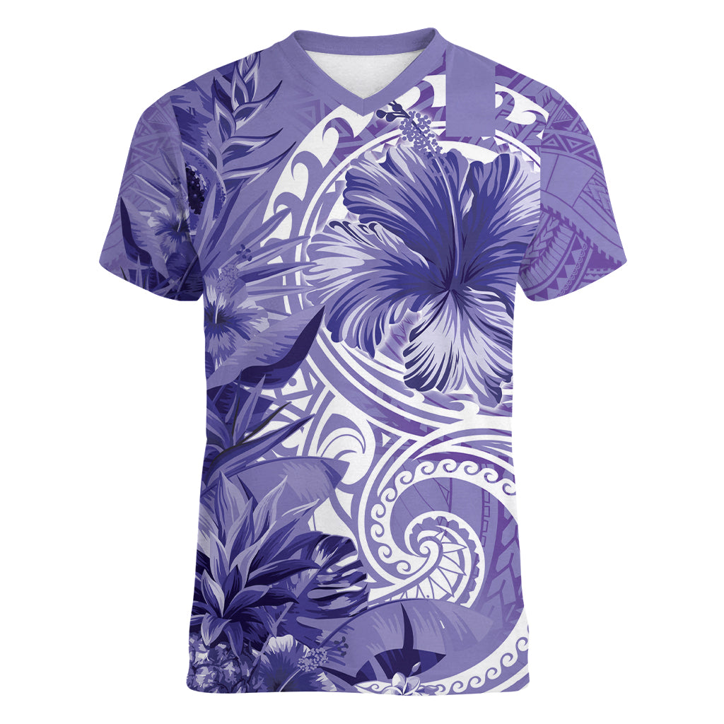 Polynesian Hibiscus Flower Tribal Women V Neck T Shirt Violet Color