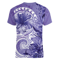 Polynesian Hibiscus Flower Tribal Women V Neck T Shirt Violet Color