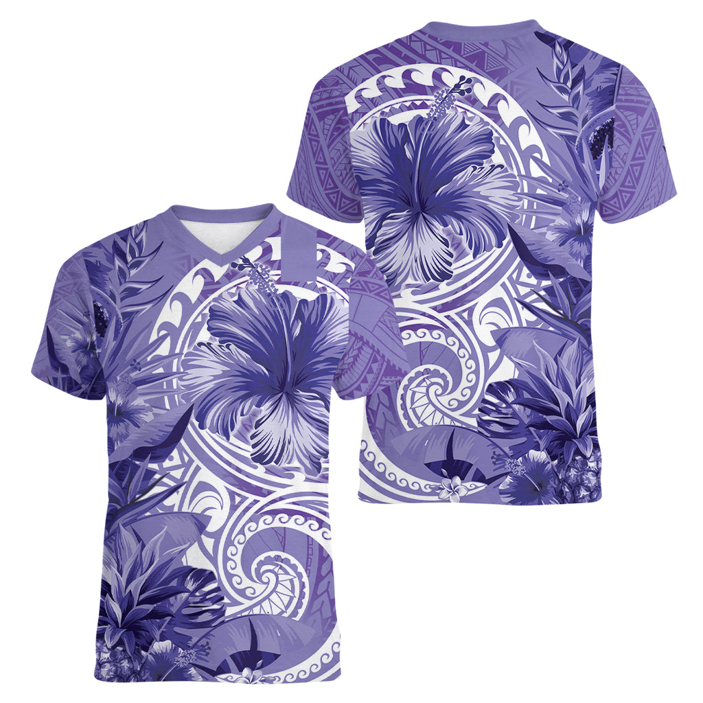 Polynesian Hibiscus Flower Tribal Women V Neck T Shirt Violet Color