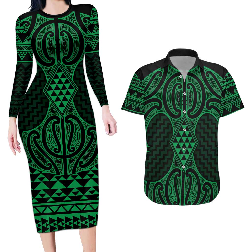 Kakariki Maori Ta Moko Poutama Art Couples Matching Long Sleeve Bodycon Dress and Hawaiian Shirt LT9 Green - Polynesian Pride
