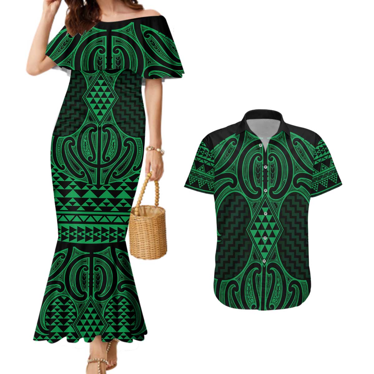 Kakariki Maori Ta Moko Poutama Art Couples Matching Mermaid Dress and Hawaiian Shirt