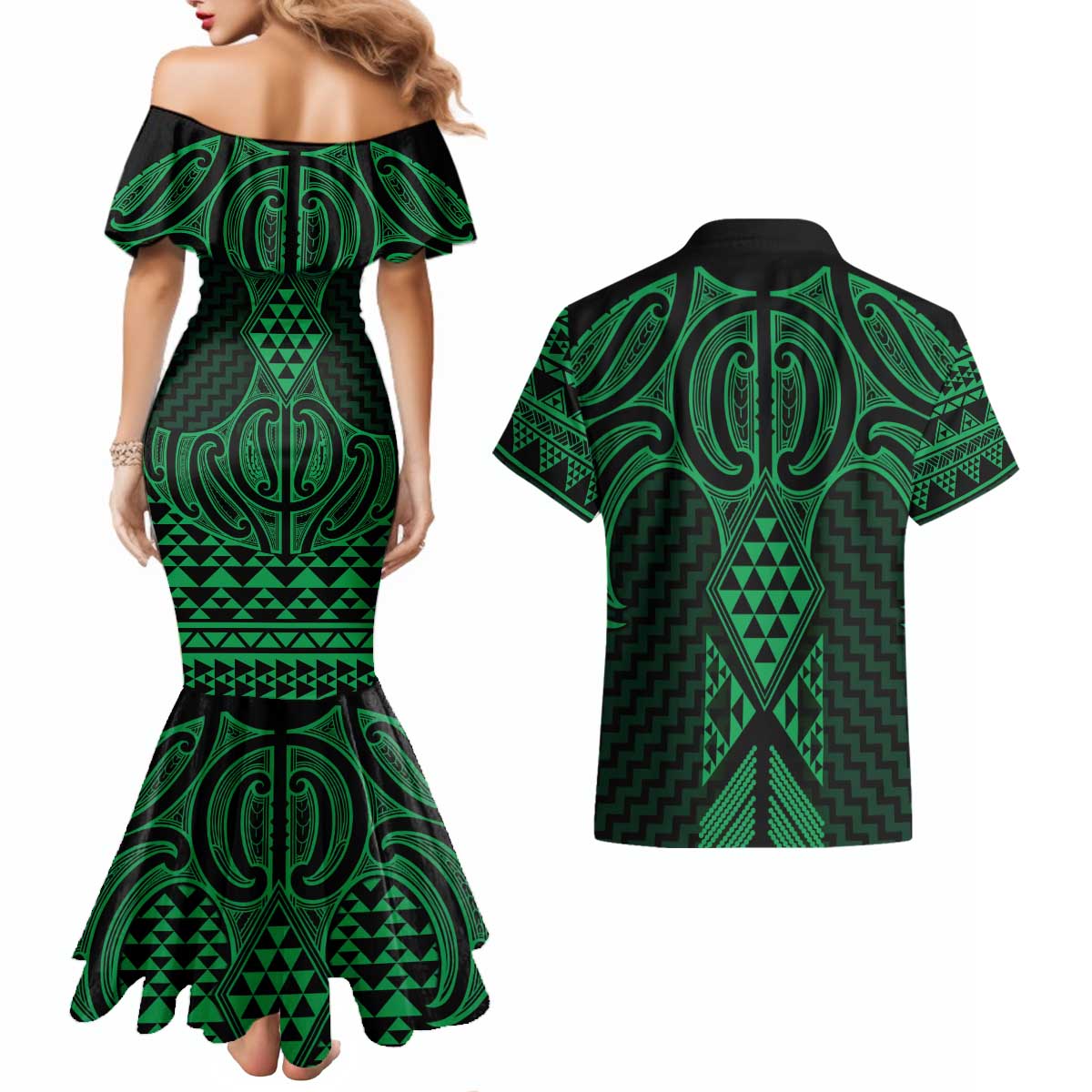 Kakariki Maori Ta Moko Poutama Art Couples Matching Mermaid Dress and Hawaiian Shirt