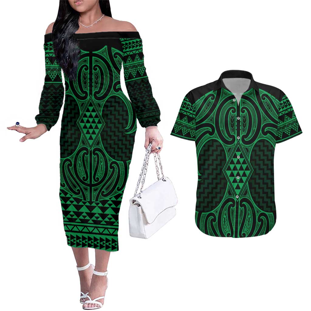Kakariki Maori Ta Moko Poutama Art Couples Matching Off The Shoulder Long Sleeve Dress and Hawaiian Shirt LT9 Green - Polynesian Pride