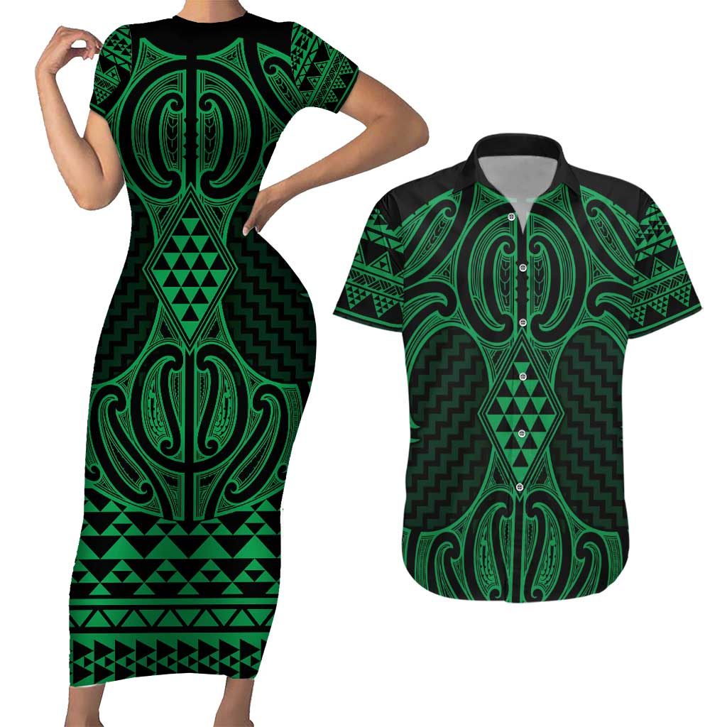 Kakariki Maori Ta Moko Poutama Art Couples Matching Short Sleeve Bodycon Dress and Hawaiian Shirt LT9 Green - Polynesian Pride