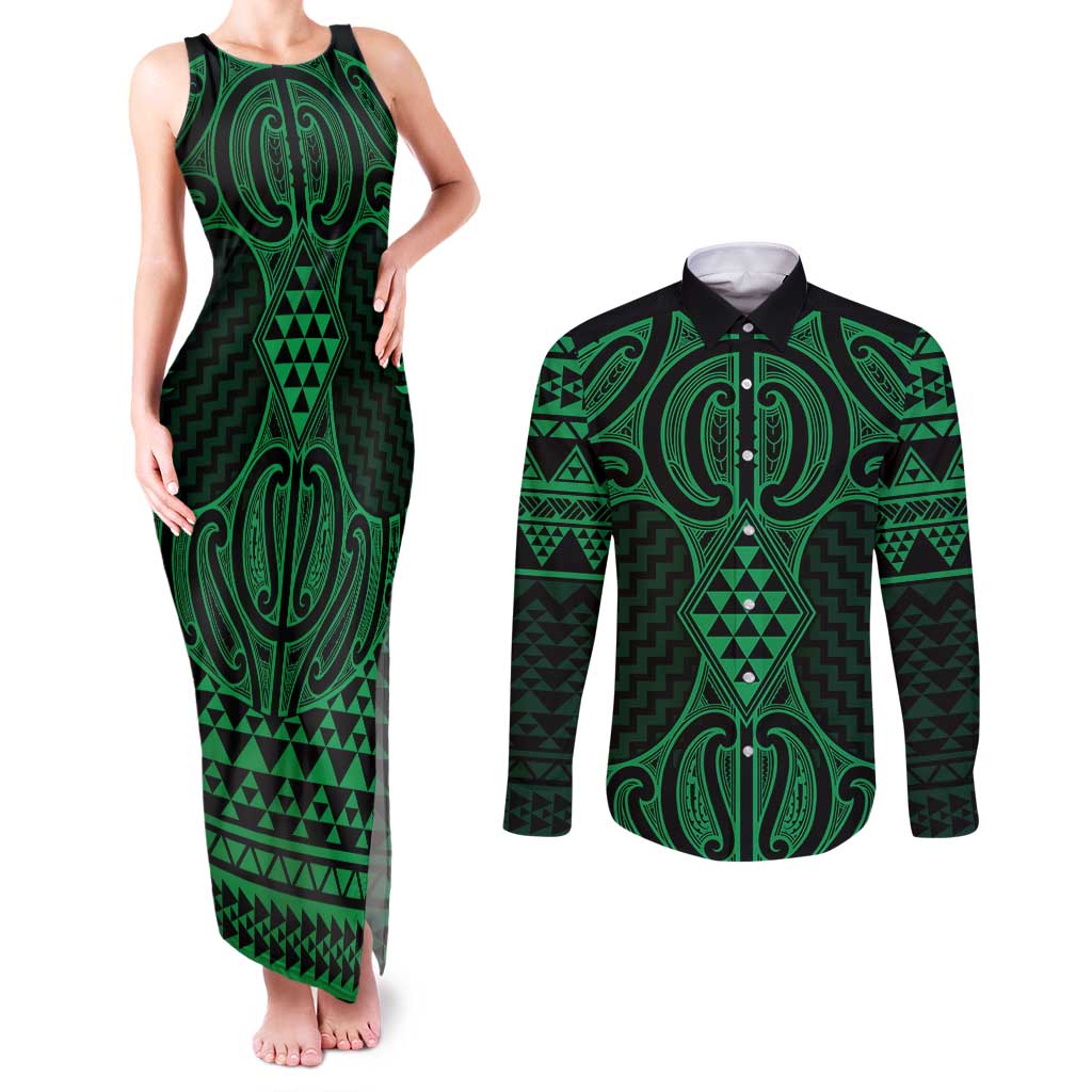 Kakariki Maori Ta Moko Poutama Art Couples Matching Tank Maxi Dress and Long Sleeve Button Shirt
