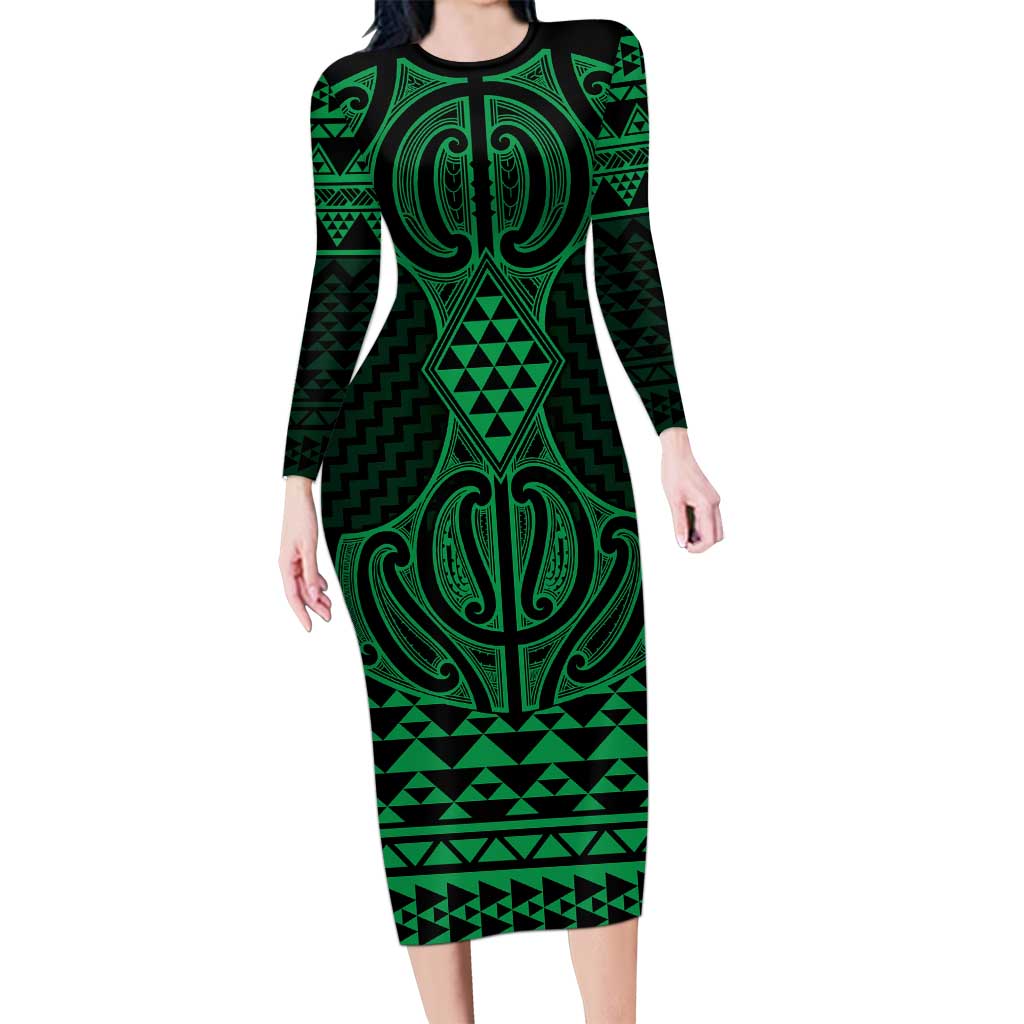 Kakariki Maori Ta Moko Poutama Art Family Matching Long Sleeve Bodycon Dress and Hawaiian Shirt LT9 Mom's Dress Green - Polynesian Pride
