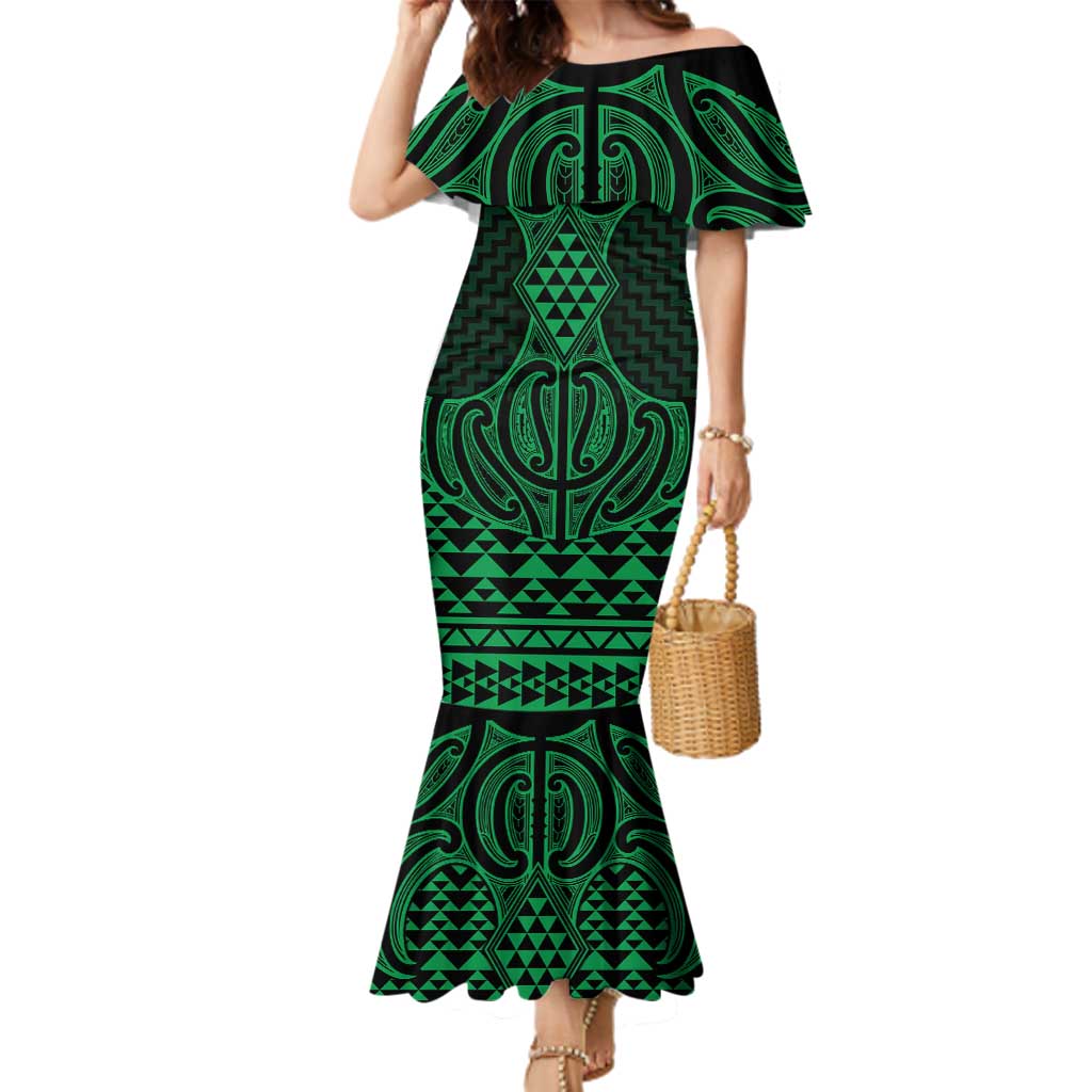 Kakariki Maori Ta Moko Poutama Art Family Matching Mermaid Dress and Hawaiian Shirt LT9 Mom's Dress Green - Polynesian Pride