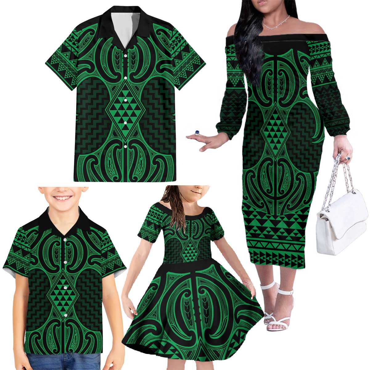 Kakariki Maori Ta Moko Poutama Art Family Matching Off The Shoulder Long Sleeve Dress and Hawaiian Shirt LT9 - Polynesian Pride