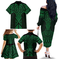 Kakariki Maori Ta Moko Poutama Art Family Matching Off The Shoulder Long Sleeve Dress and Hawaiian Shirt LT9 - Polynesian Pride