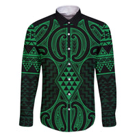 Kakariki Maori Ta Moko Poutama Art Family Matching Off The Shoulder Long Sleeve Dress and Hawaiian Shirt LT9 Dad's Shirt - Long Sleeve Green - Polynesian Pride