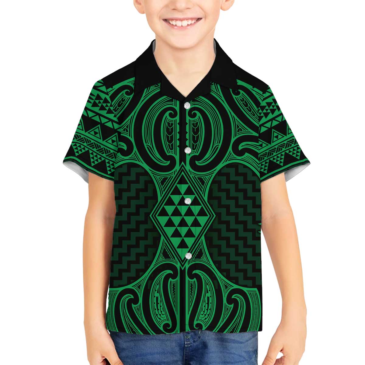 Kakariki Maori Ta Moko Poutama Art Family Matching Off The Shoulder Long Sleeve Dress and Hawaiian Shirt LT9 Son's Shirt Green - Polynesian Pride