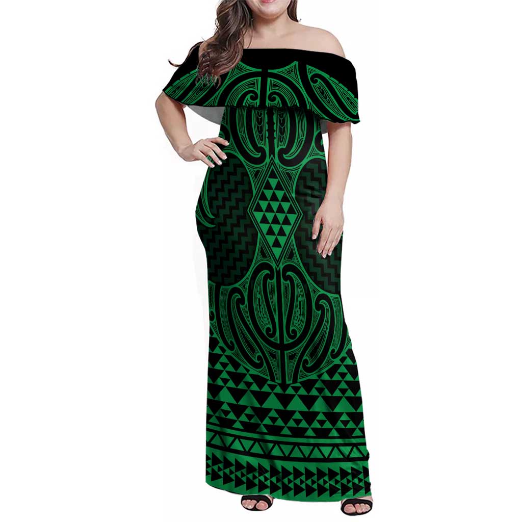 Kakariki Maori Ta Moko Poutama Art Family Matching Off Shoulder Maxi Dress and Hawaiian Shirt LT9 Mom's Dress Green - Polynesian Pride