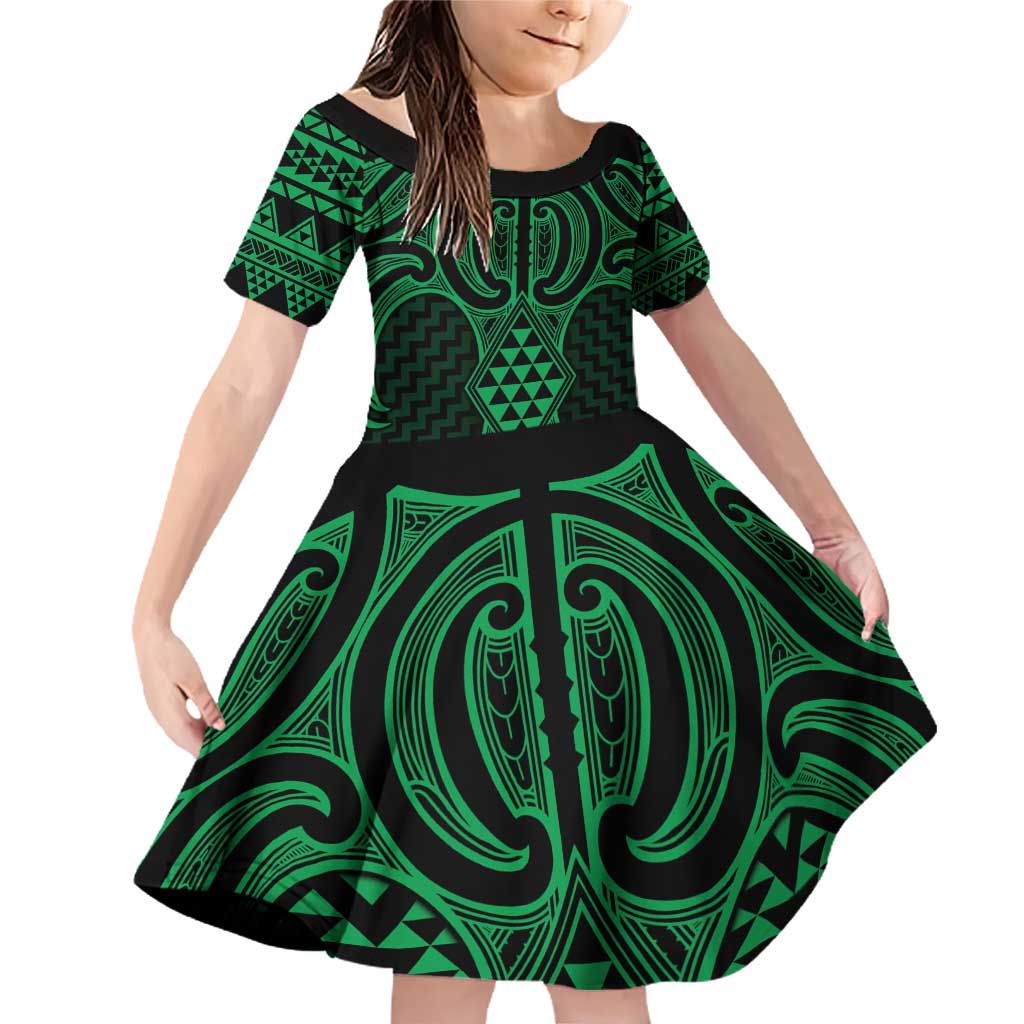 Kakariki Maori Ta Moko Poutama Art Family Matching Off Shoulder Short Dress and Hawaiian Shirt LT9 Daughter's Dress Green - Polynesian Pride