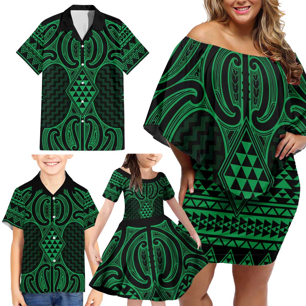Kakariki Maori Ta Moko Poutama Art Family Matching Off Shoulder Short Dress and Hawaiian Shirt LT9 - Polynesian Pride