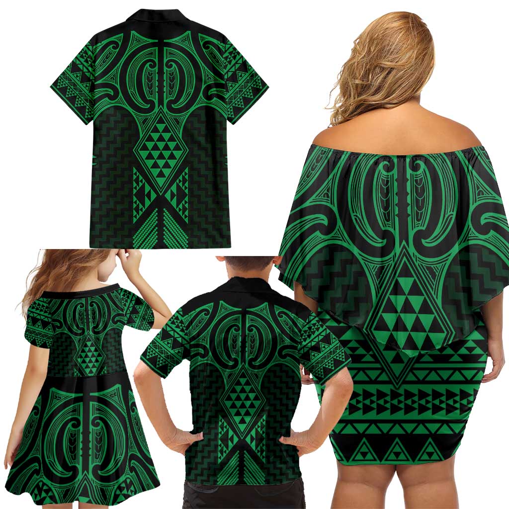 Kakariki Maori Ta Moko Poutama Art Family Matching Off Shoulder Short Dress and Hawaiian Shirt LT9 - Polynesian Pride
