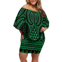 Kakariki Maori Ta Moko Poutama Art Family Matching Off Shoulder Short Dress and Hawaiian Shirt LT9 Mom's Dress Green - Polynesian Pride