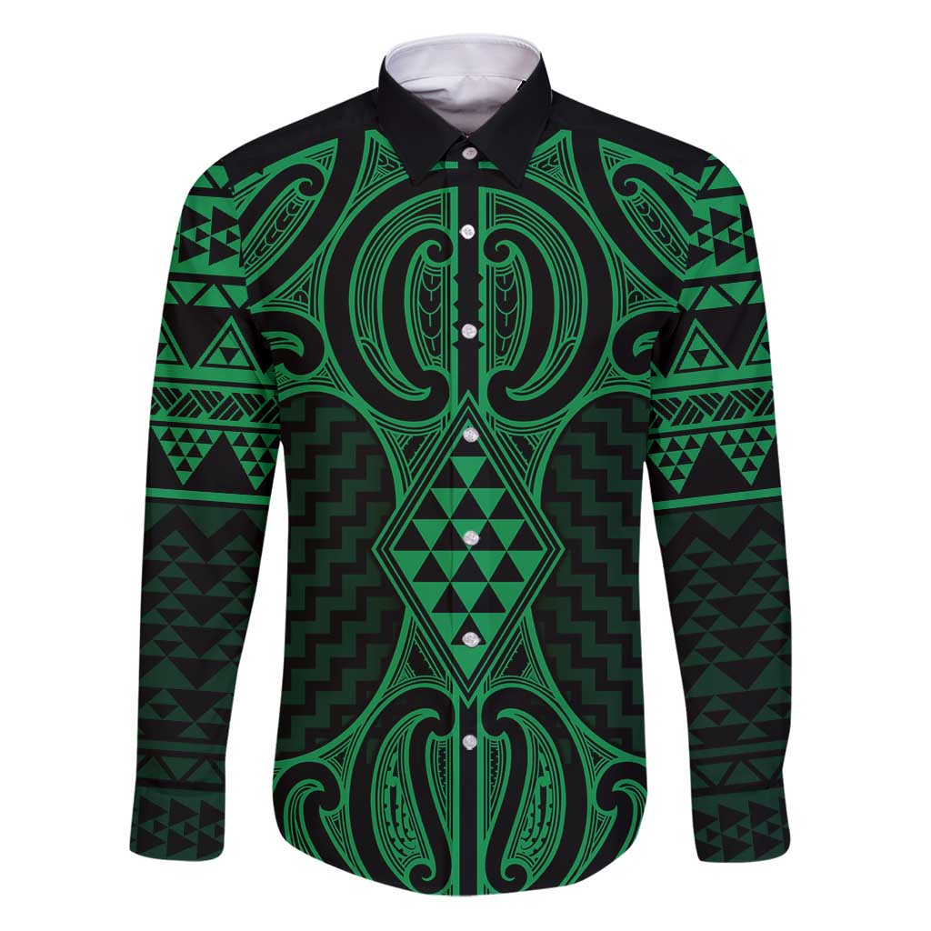 Kakariki Maori Ta Moko Poutama Art Family Matching Puletasi and Hawaiian Shirt LT9 Dad's Shirt - Long Sleeve Green - Polynesian Pride
