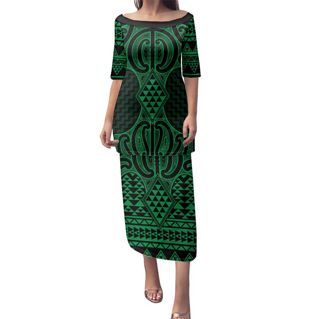 Kakariki Maori Ta Moko Poutama Art Family Matching Puletasi and Hawaiian Shirt LT9 Mom's Dress Green - Polynesian Pride
