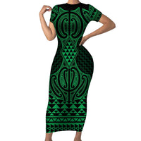 Kakariki Maori Ta Moko Poutama Art Family Matching Short Sleeve Bodycon Dress and Hawaiian Shirt LT9 Mom's Dress Green - Polynesian Pride