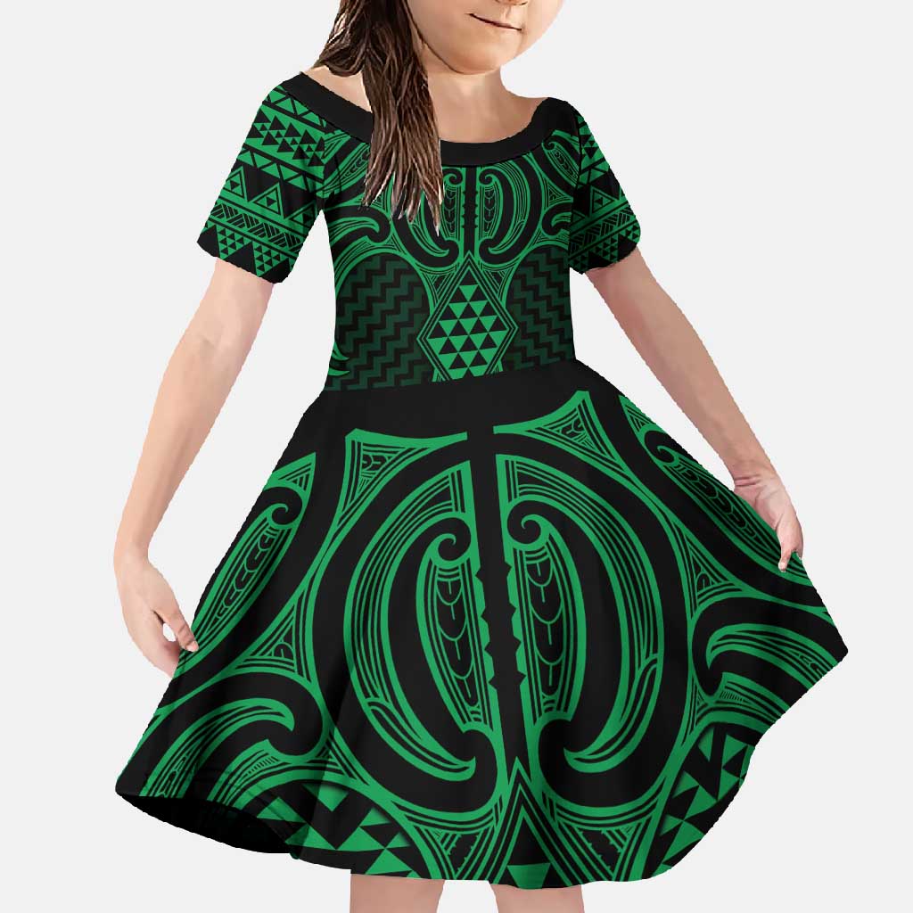 Kakariki Maori Ta Moko Poutama Art Family Matching Summer Maxi Dress and Hawaiian Shirt LT9 Daughter's Dress Green - Polynesian Pride