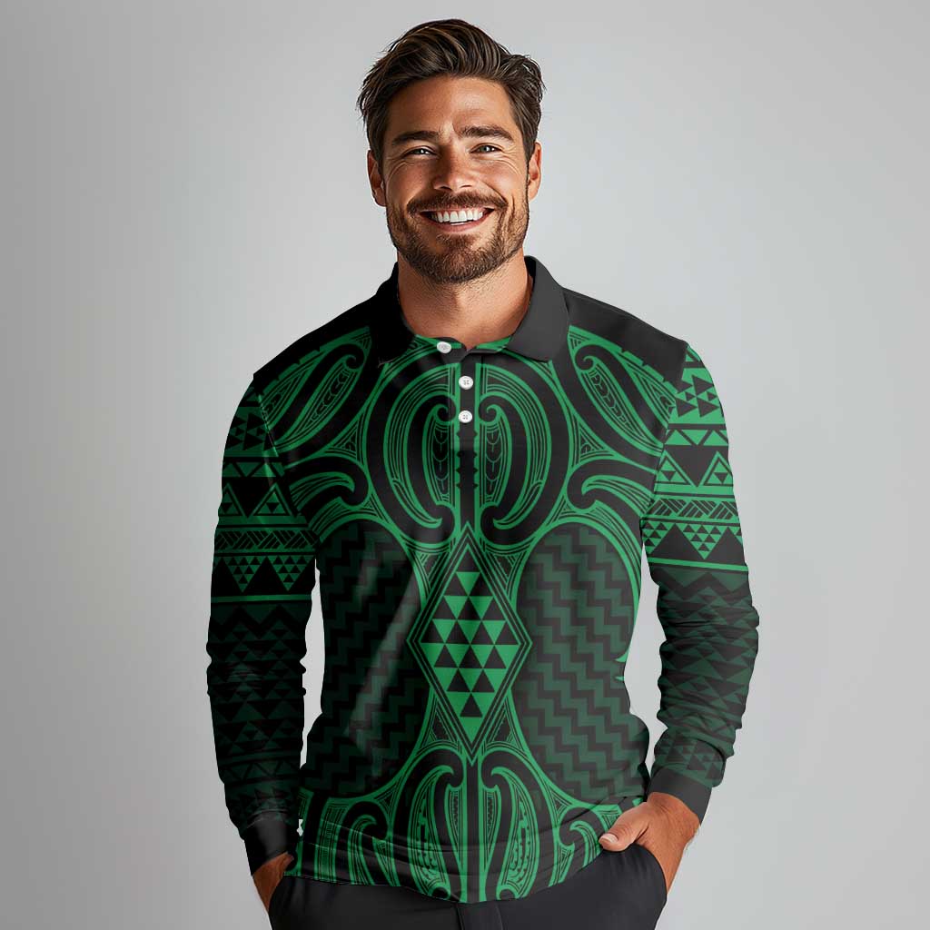 Kakariki Maori Ta Moko Poutama Art Long Sleeve Polo Shirt